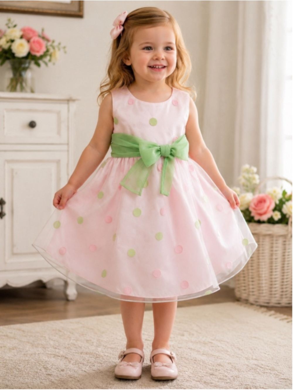 Wonderkids Pink Polka Dot Organza Party Dress Green Bow Size 3T EUC